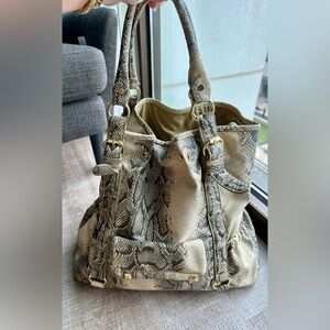 IMAN Snakeskin Print Tote Shoulder Bag Beige Taupe Faux Leather Large Purse